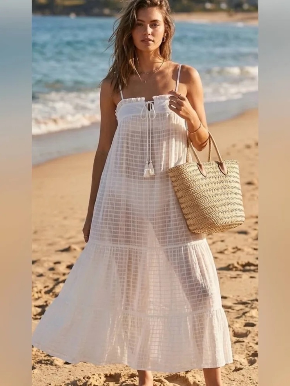 NWT Reve de Soleil White Cotton Maxi Dress Sz L
